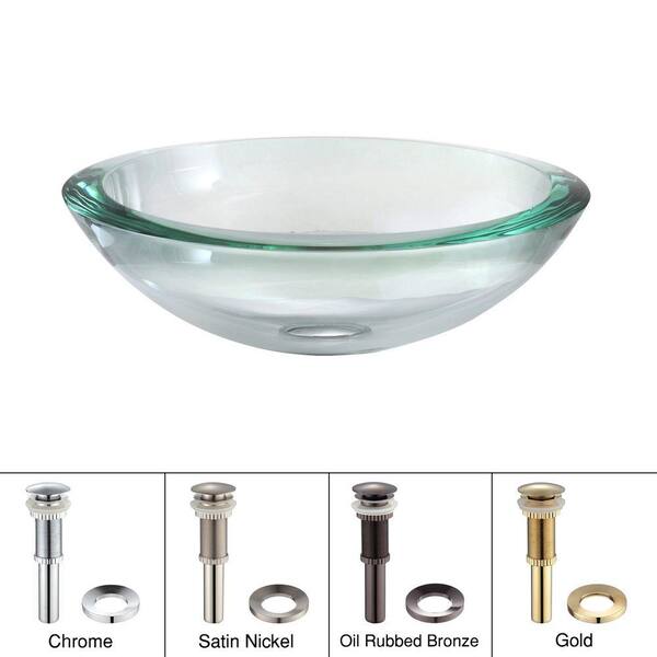 KRAUS Edge Glass Vessel Sink in Clear in Glass with Pop-Up Drain and Mounting Ring in Gold