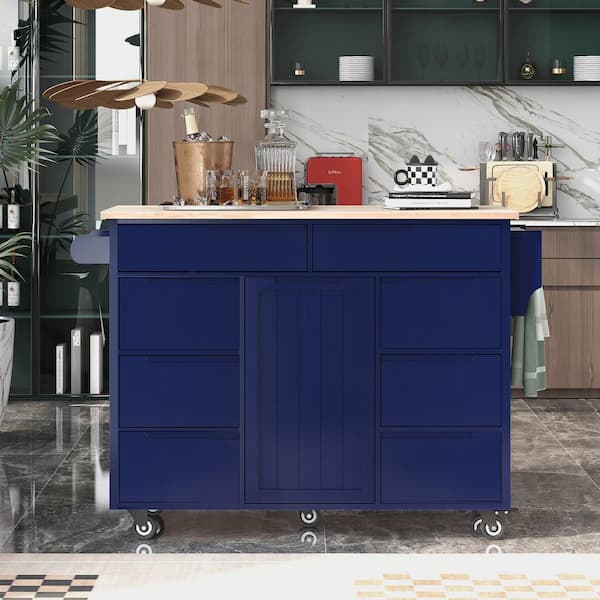 Staykiwi Dark Blue Rubberwood Kitchen Cart with Internal Storage Rack, Tableware Organizer and 8 Drawers
