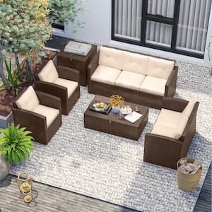 6-Piece Brown Patio Outdoor Furniture Wicker Conversation Set Cushions 1-Sova 1-Loveseat 2-Chairs 2 Storage Tables