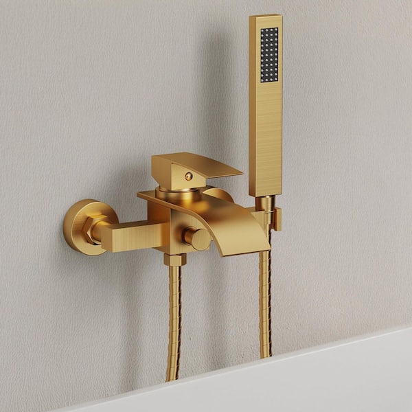 Waterfall Single-Handles 2-Sprayer Wall Mount Bathtub Roman Tub Shower Faucet with Hand Shower in Brushed Gold