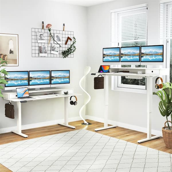 63 in. White Standing Desk with Drawers Electric Stand-up Desk with Monitor Stand