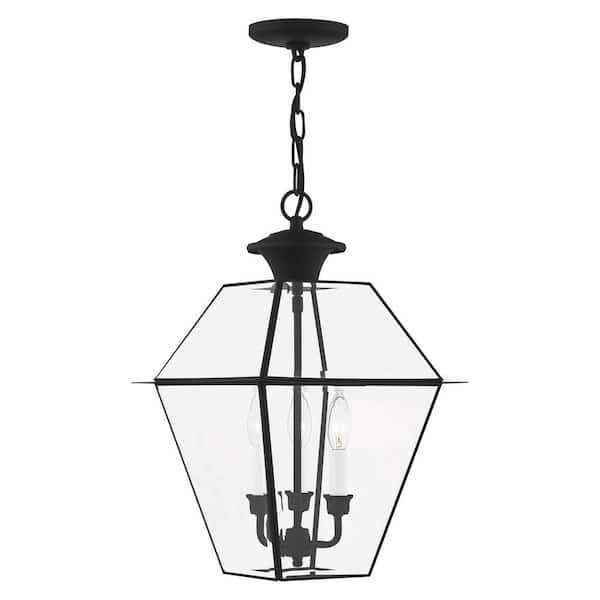 AVIANCE LIGHTING Ainsworth 18.5 in. 3-Light Black Dimmble Outdoor Pendant Light with Clear Beveled Glass and No Bulbs Included