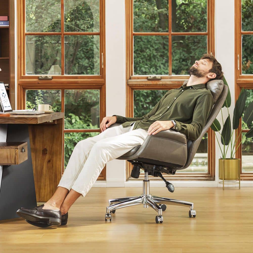 Gray Leather High Back Swivel Executive Office Chair