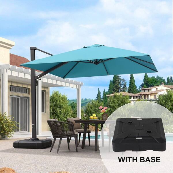 PURPLE LEAF 10 ft. Square Large Outdoor Aluminum Cantilever 360-Degree Rotation Patio Umbrella with Base, Turquoise Blue