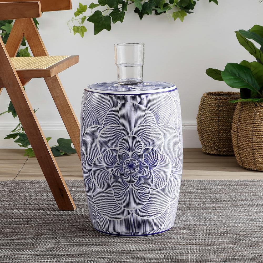 Camellia 17" White and Blue Ceramic Drum Garden Stool