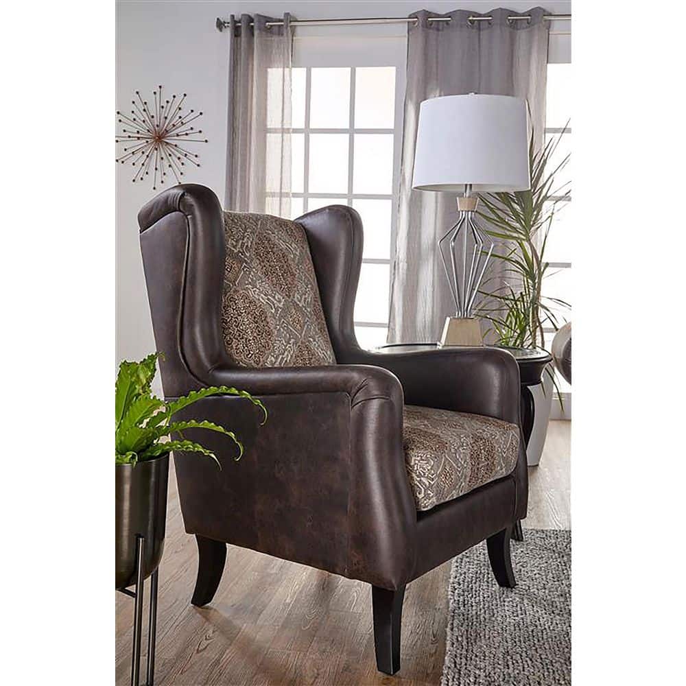 Brown Faux Leather Wingback Accent Chair with Jacquard Pattern