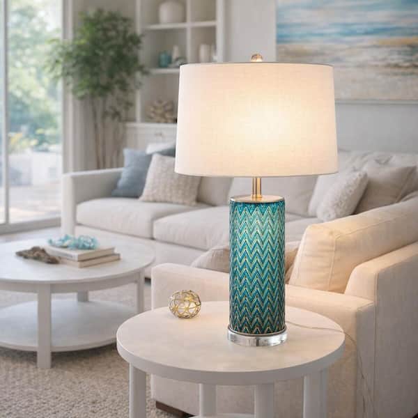 28 in. Blue Chevron Table Lamp with White Linen Shade