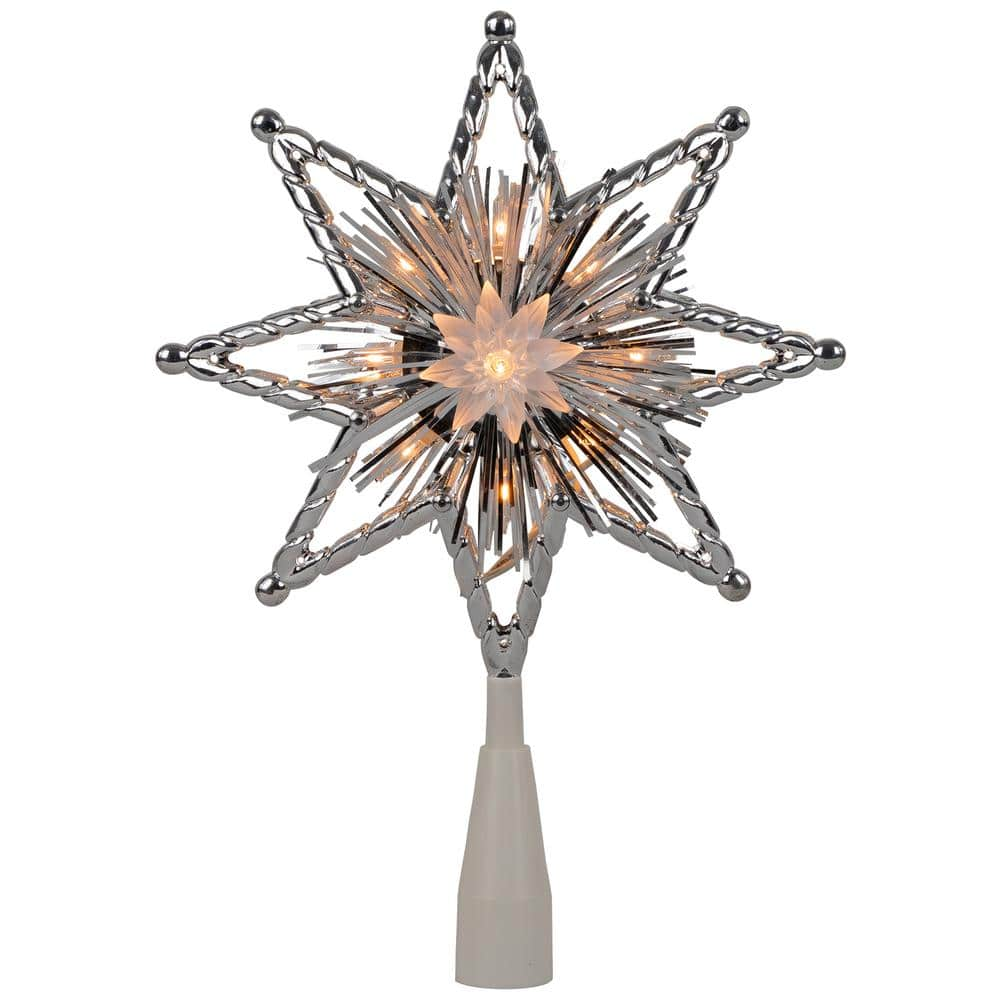 Northlight 8 in. Retro Silver Tinsel 8-Point Star Christmas Tree Topper ...