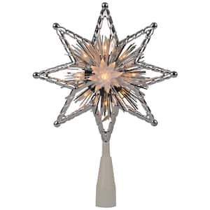 8 in. Retro Silver Tinsel 8-Point Star Christmas Tree Topper - Clear Lights