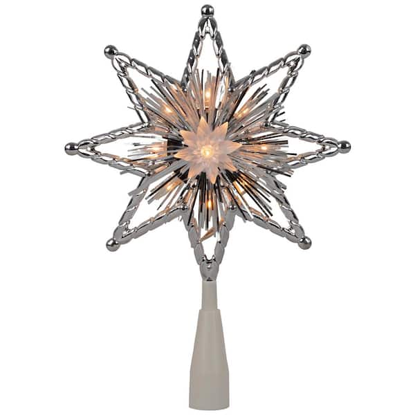 Northlight 8 in. Retro Silver Tinsel 8-Point Star Christmas Tree Topper - Clear Lights