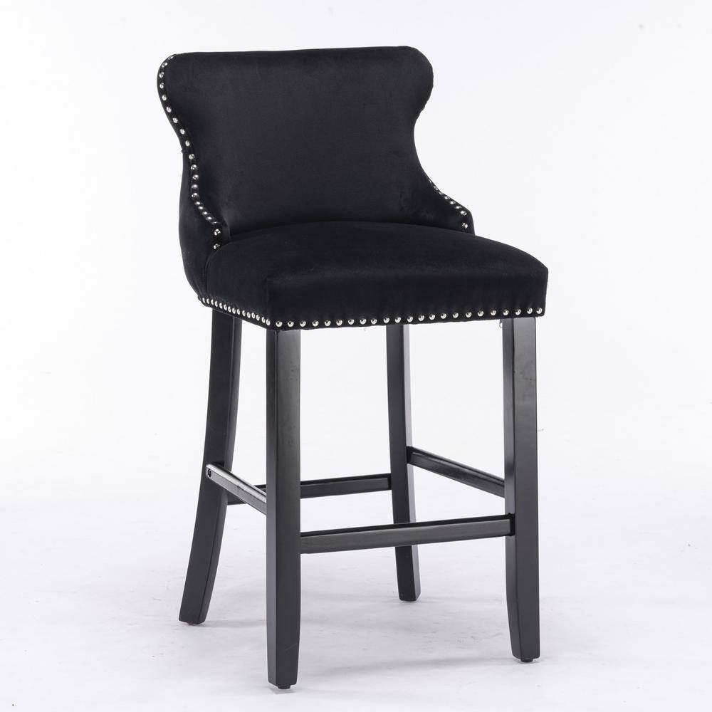 26.7 in. Black Wing Back Wood Bar Stool Tufted Upholstered Velvet