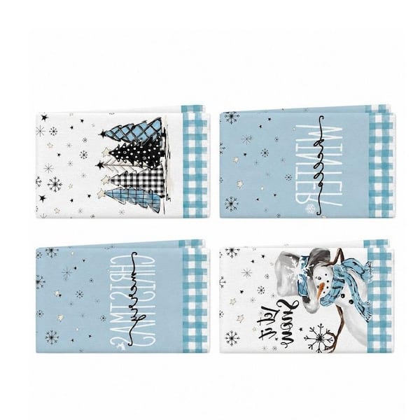Blue and Beige Polyester Buffalo Plaid Snowman Kitchen Towels, Soft Absorbent Dish Towels for Winter Decor (Set of 4)