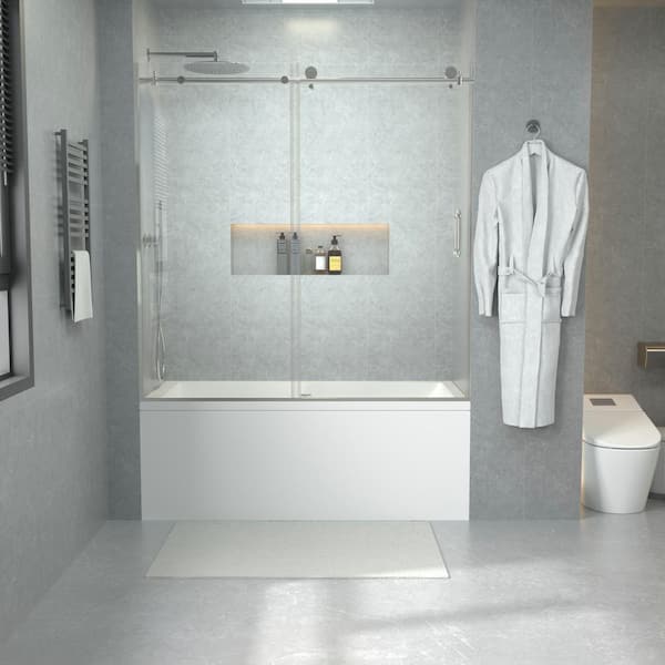 ANGELES HOME 60 in. W x 60 in. H Sliding Semi Frameless Tub Door in Chrome Finish with Clear Glass