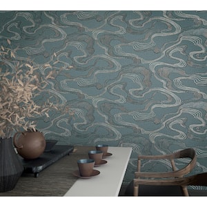 Kumano Collection Blue Abstract Flow Design Pearlescent Finish Non-Pasted Vinyl on Non-Woven Wallpaper Roll