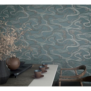 Kumano Collection Blue Abstract Flow Design Pearlescent Finish Non-pasted Vinyl on Non-woven Wallpaper Sample