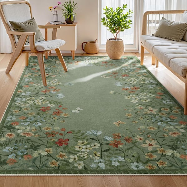 5 X 7 Machine Washable Green Spiral Design Vintage Floral Low Pile Non Slip Soft Indoor Area Rug