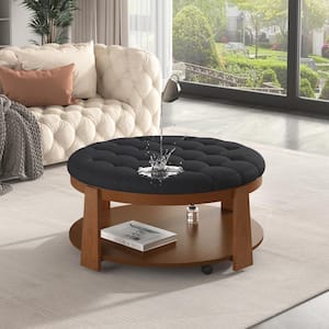 36 in. Black and Brown Round Button Tufted Ottoman Foam Coffee Table with Wood Shelf, Footrest with Wheels