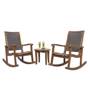 3-Piece Brown Wicker and Eucalyptus Outdoor Rocking Chair Set with Round Accent Table