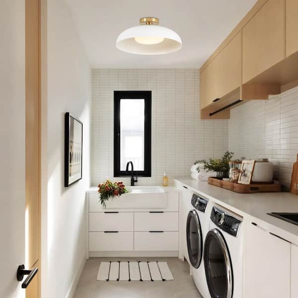 Lumin 1-Light 15.7 in.W Brass and White Integrated LED Semi-Flush Mount Dome Ceiling Light with Opal Glass for Foyer