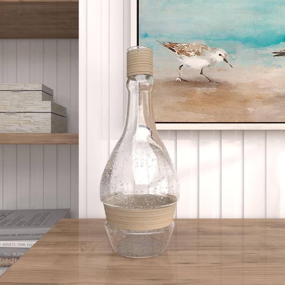 Coastal Clear Glass Vase with Rattan Detail, 16" Height