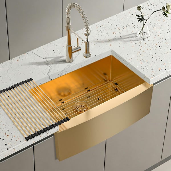 30 in. Farmhouse/Apron-Front Single Bowl 16 Gauge Gold Stainless Steel Kitchen Sink with Dish Grid and Drying Rack