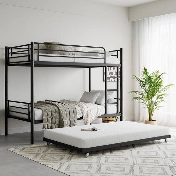 Modern Black Metal Twin Size Bunk Bed with Trundle, Heavy Duty, Noise Free, No Box Spring Needed, Full Guardrail