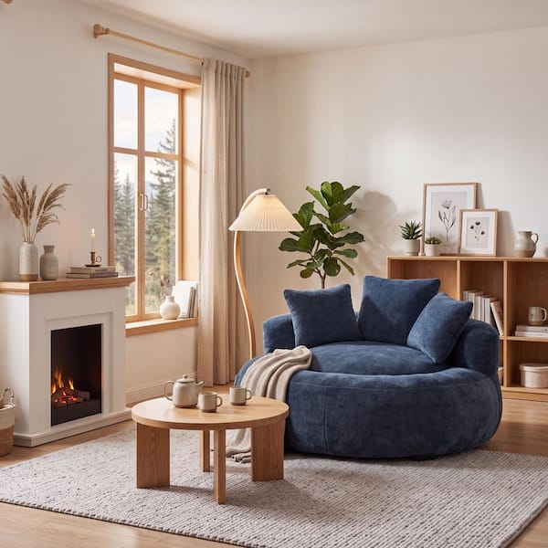 Modern Blue Fabric 21.00 in. Giant Bean Bag Chair with Memory Foam and Pillows for Living Room