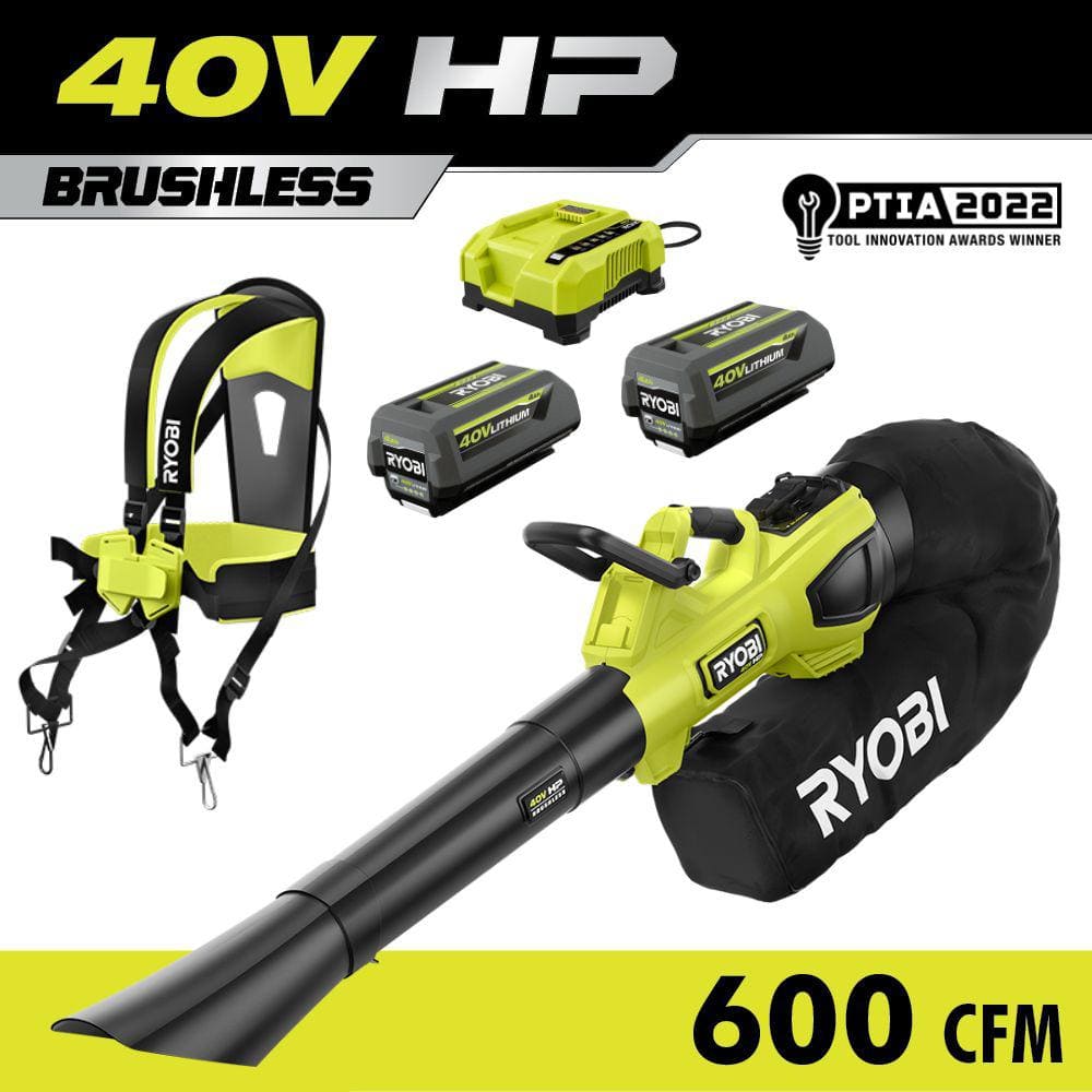 RYOBI 40V HP Brushless 100 MPH 600 CFM Cordless Leaf Blower/Mulcher/Vacuum with (2) 4.0 Ah Batteries and Charger