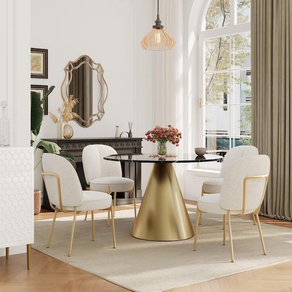 Boyel Living 5-Piece Black Marble Counter Top Dining Table Set Seats-4 (1 Table and 4-Greamy White Chairs)