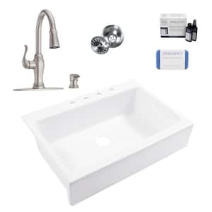 Josephine 34 in. 4-Hole Quick-Fit Farmhouse Drop-in Single Bowl White Fireclay Kitchen Sink with Maren Faucet Kit