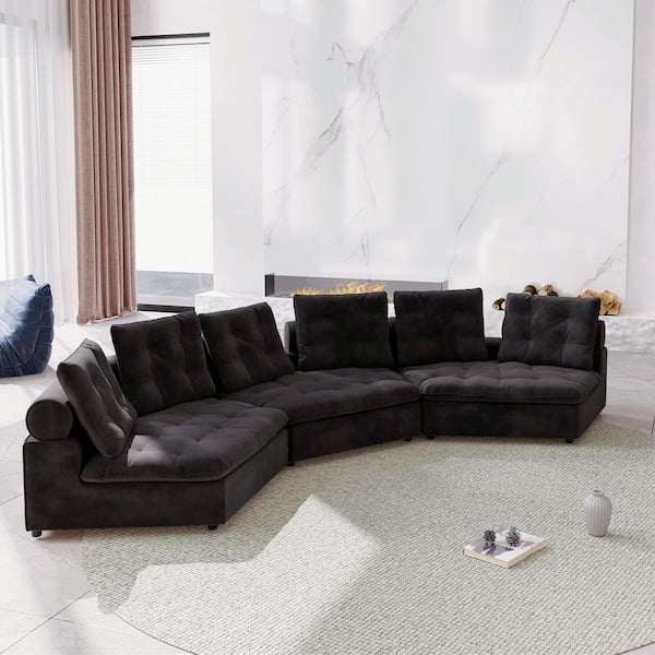 130 in. Square Arm Rectangle 3-Seater Frosted Velvet Free Modular Sectional Sofa in Gray
