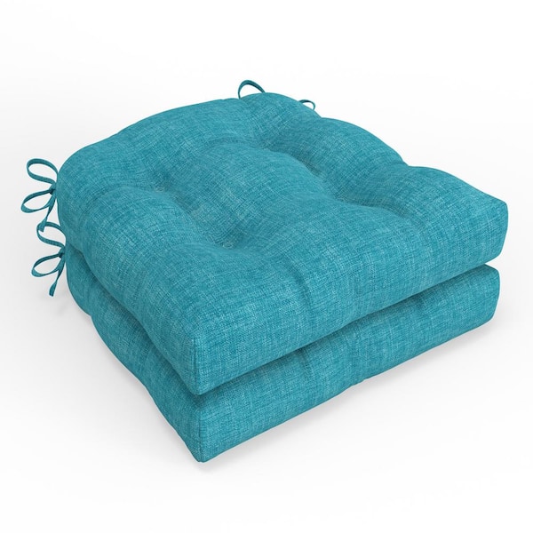 Pillow Perfect Solid Twill 19 in. W x 4 in. D Outdoor SquareTufted Wicker Seat Cushion Ties 2 Count 19 in. x 19 in. BlueSplash Aqua
