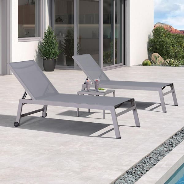 PURPLE LEAF Aluminum Light Grey Frame Metal Outdoor Patio Chaise Lounge with Side Table and Wheels Extra Large, Grey
