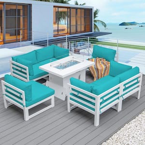 Modern 7-Piece White Aluminum Patio Fire Pit Seating Set, Turquoise Cushions and 55,000 BTU Fire Pit Table
