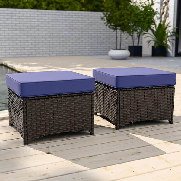 EAGLE PEAK Brown Rattan Wicker Outdoor Patio Ottoman with Blue Cushions (Set of 2)