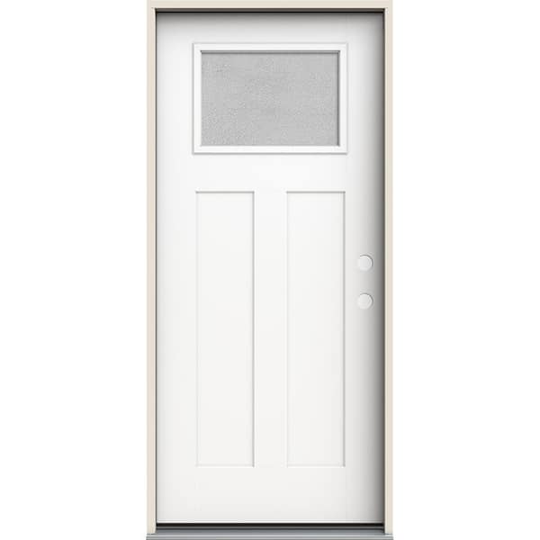 JELD-WEN 36 in. x 80 in. Left-Hand 1/4 Lite Craftsman Micro-Granite Glass Modern White Fiberglass Prehung Front Door