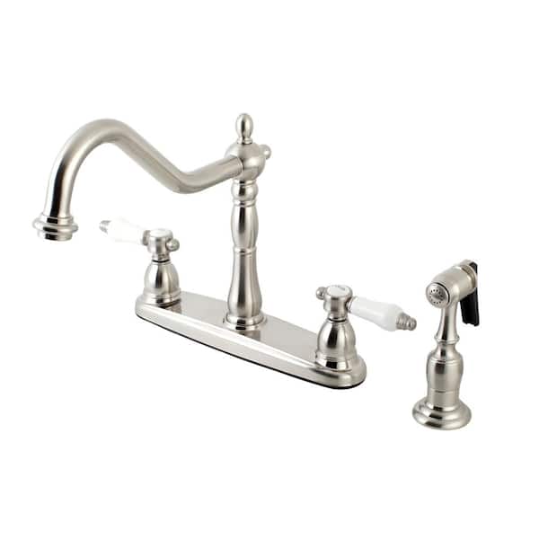 Kingston Brass Victorian English Porcelain 2-Handle Standard Kitchen Faucet with Side Sprayer in Brushed Nickel