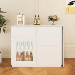 Extendable White 44 in. 85 in. W Bar Cabinet Behind Couch Pub Table with 5-Drawers, Adjustable Shelf, LED Lights