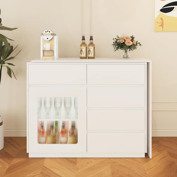 Harper & Bright Designs Extendable White 44 in. 85 in. W Bar Cabinet Behind Couch Pub Table with 5-Drawers, Adjustable Shelf, LED Lights