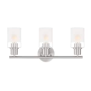 Cedar Lane 22 in. 3-Light Brushed Nickel Modern Vanity with Clear and Etched Glass Shades