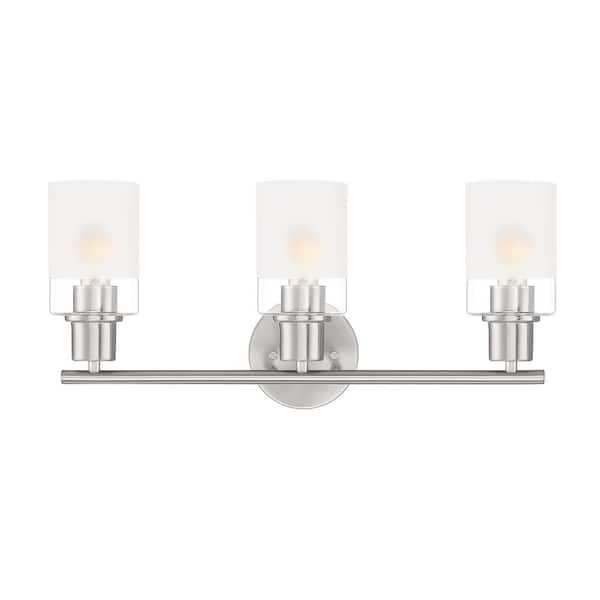 Designers Fountain Cedar Lane 22 in. 3-Light Brushed Nickel Modern Vanity with Clear and Etched Glass Shades