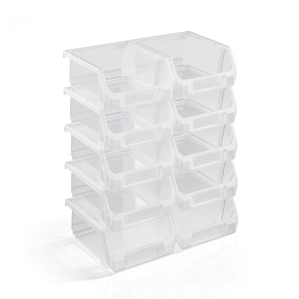 Open Front Stackable Garage Plastic Storage Bin – Organize Tools, Hardware & Shelving - Small, Set of 10, Clear