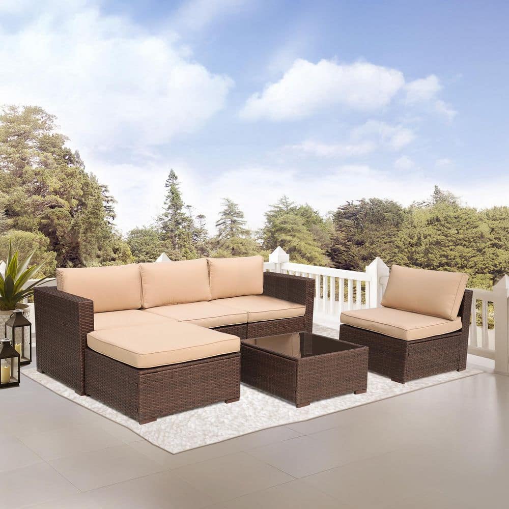 6-Piece Wicker Brown Outdoor Patio Conversation Seating Sofa Set with Ottoman and Coffee Table, Beige Cushions price history on PriceWatchPro