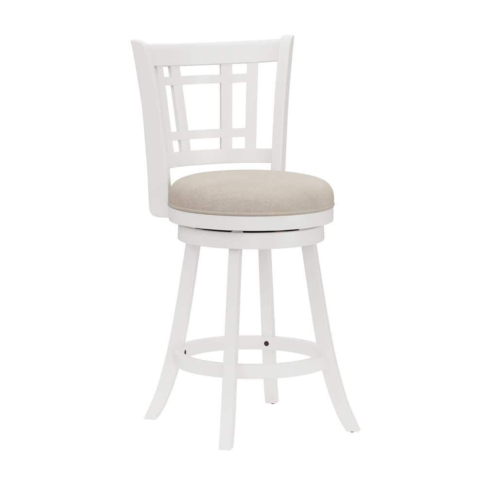White Wood Swivel Counter Height Stool with Beige Seat