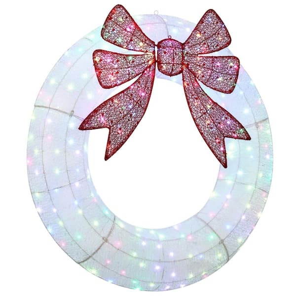 60 in. White Pre-Lit LED Artificial Christmas Wreath with Dual Color LED & Daily Timer & Red Bow & Remote, Holiday Decor