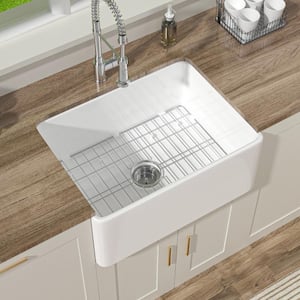 Farmhouse Kitchen Sink 24 in. Apron Front Single Bowl White Fireclay Kitchen Sink with Bottom Grids and Drain Barn Sink