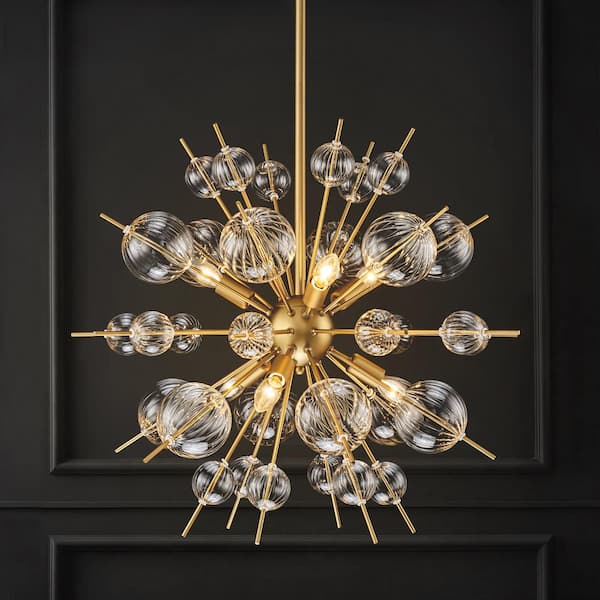 Rennnsan Cecilia 6-Light Brushed Gold Glam Sputnik Cluster Clear Twisted Glass Globe Bubble Chandelier