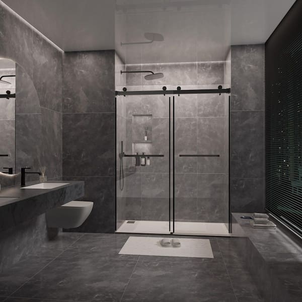 60 in. W x 72 in. H Sliding Frameless Shower Door in Matte Black with 3/8 in. Clear Glass