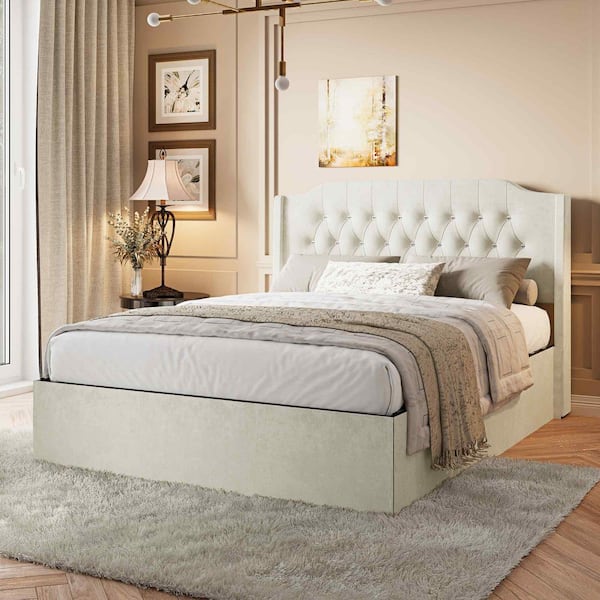 Polibi Beige Wood Frame Queen Size Platform Bed with Crystal Button Accents, Wingback Headboard and Under-Bed Storage Space