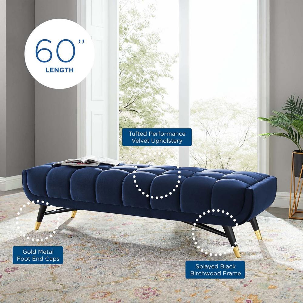 Midnight Blue 60" Performance Velvet Tufted Bench with Gold Accents